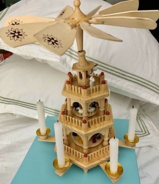 Vintage German Christmas Pyramid 3 Tier Wooden Carousel Windmill Nativity Scene