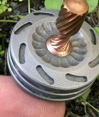 BilletSpin ROTOR Spin Top - ExoticBasketweave Damascus & Copper SpinTop 2