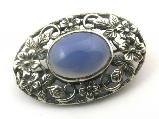 Vintage Sterling Silver Brooch Cut Out Decorative Flower Design With Blue Agate