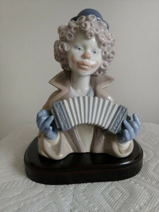 Lladro Clown Bust " Fine Melody " With Concertina / Accordion Wood Base Exc