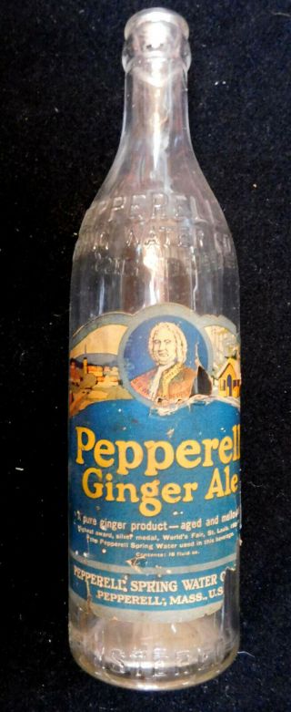 Vintage Pepperell Ginger Ale Soda Bottle,  Paper Label,  Pepperell,  Mass.