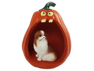 Japanese Chin Red & White Halloween Statue Figurine And Spooky Pumpkin