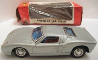 Old Tin Friction Toy Muscle Car 7 1/2 " Silver Ford Gt Bandai W Box Japan 1960s