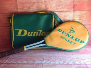 Vintage Dunlop Sports Bag Satchel Green And Gold & Retro Tennis Racket