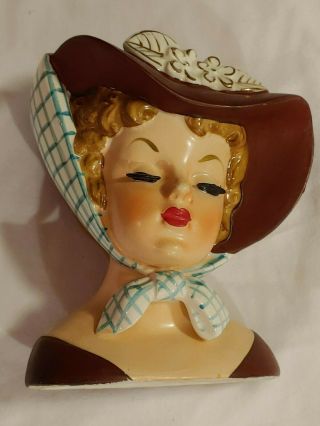Napco C4414b Head Vase Headvase Vintage 1959 Lady Hat Flowers Checked Scarf 6 "