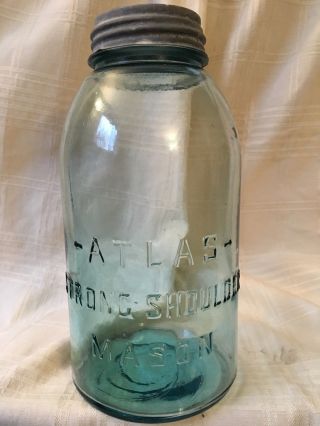 Vintage Atlas Strong Shoulder Blue Mason Canning Jar Half Gallon W/zinc Lid