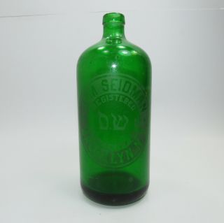 Vintage Green Glass Seltzer Bottle 26 Oz.  Brooklyn York Hebrew On Label
