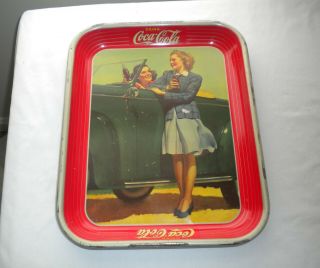1942 Coca - Cola Metal Serving Tray/2 Girls At Green Car/roadster/coke