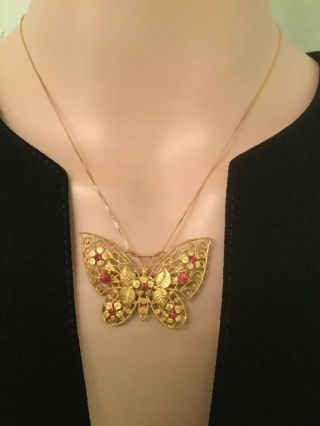 Antique Vintage Gold Filigree Butterfly Brooch,  Pendant Pink Czech Jewellery.