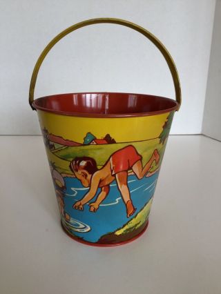 Vintage Us Metal Tin Litho Sand Pail Graphics Of Children Playing At The Lake