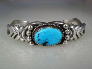 Vintage Navajo Cast Sterling Silver & Kingman Turquoise Bracelet Signed