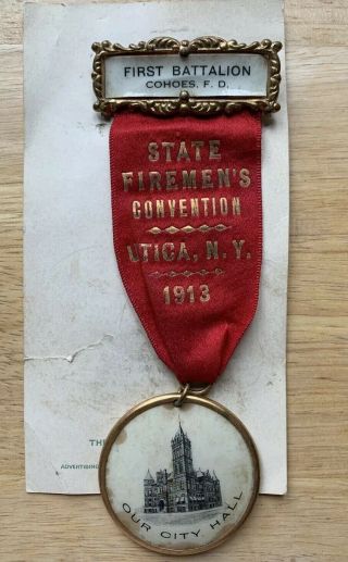 State Firemen’s Convention Badge Pin 1913 Utica Ny Cohoes Fire Department.