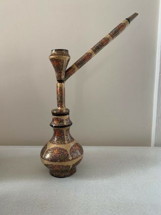 Antique India Hand Painted Hookah 17” Art Indo Persian Kashmir Gold
