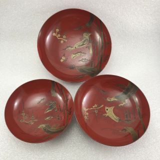Tc5 Set Of 3 Japanese Vintage Sake Cup Wood Lacquer Hand Painted Gold Makie