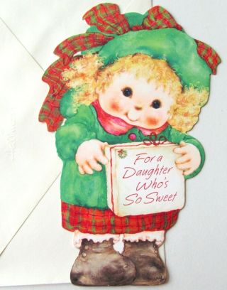 Vintage Christmas Card Mary Hamilton Die Cut Little Girl Red Plaid Bow Gift