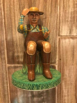 Vintage Alps Tin Toy Lumberjack On Stump Made In Japan Head Moves And Tips Hat