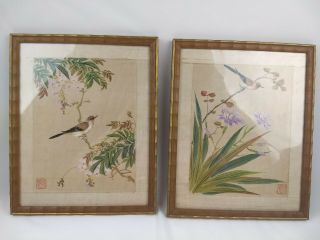 Vintage Set Of 2 Chinese Painting On Silk Cherry Blossom Flowers & Birds Framed