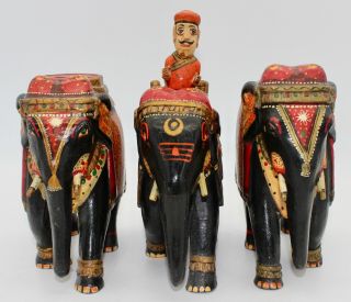 Vintage Hand Carved & Painted Wooden Elephant Trio From India