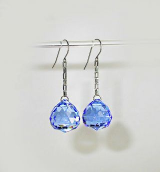 Stunning Huge Vtg Art Deco Faceted Blue Crystal Ball Drop Earrings