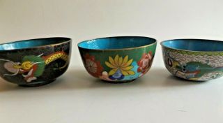 Trio Of Antique Chinese Cloisonne Bowls,  2 With Dragons