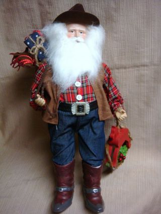 20 " Cowboy Santa Claus - Rocking Horse / Cowboy Boots & Hat & Vest / Bag Of Toys
