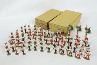 68 Vintage Tin Flats Zinnfiguren W/ Box Lead War Soldiers German Horse Folk Art