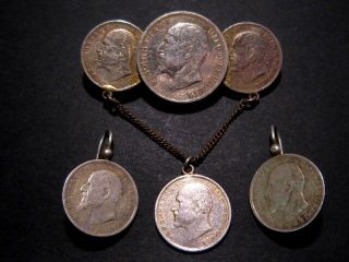 Attractive Vintage Set Of 1912 - 1913’s Silver Coins Brooch And Earrings