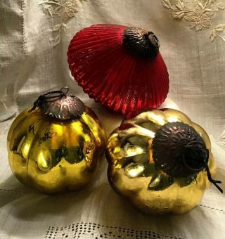 3 Vintage Large Kugel Style Red Ribbed & Gold Mercury Glass Christmas Ornaments