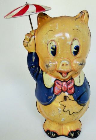 Marx 1939 Porky Pig With Umbrella Tin Lithographed Mechanical Toy 8 " Tall