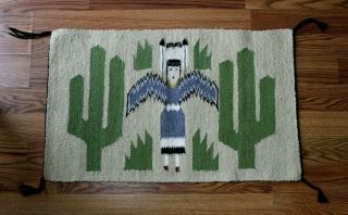 Vintage Navajo Native American Woven Wool Yei Saddle Blanket Rug With Cactus