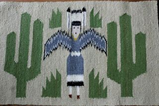Vintage Navajo Native American Woven Wool Yei Saddle Blanket Rug with Cactus 2