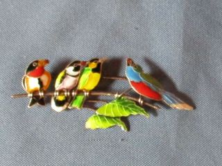 Fabulous Vintage Silver - Tone Metal Multicolor Enamel Birds Pin Brooch