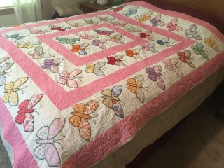 Vintage Hand Stitched Butterfly Applique Quilt 78 " X 72 "