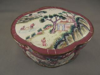 Antique Vintage Chinese Canton Enamel Covered Box Landscape W People Houses