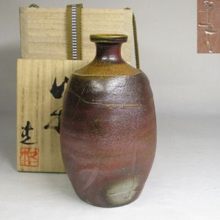 A201: Antique Japanese Bizen Pottery Sake Bottle Tokkuri " Koichi Hisamoto " W/box