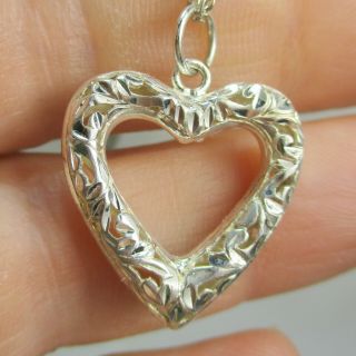 Vintage Estate Hand - Etched Heart 925 Sterling Silver Necklace With 925 Chain