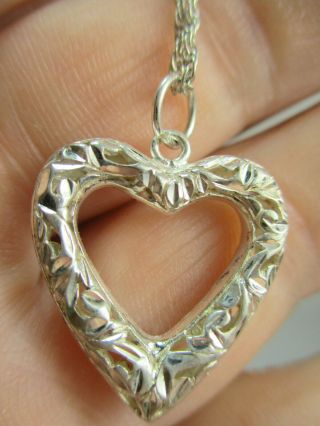 Vintage Estate Hand - Etched HEART 925 Sterling Silver Necklace with 925 Chain 3