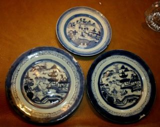 3 Antique Chinese Export Blue & White 19th C.  Canton Porcelain Plates