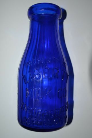 Vtg Cobalt Blue Glass Pint Milk Bottle: Property Of Liberty Milk Co Inc Buff Ny