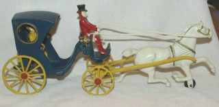 Vintage Cast Iron Horse Drawn Blue Carriage With Driver And Lady Passenger,  16 "