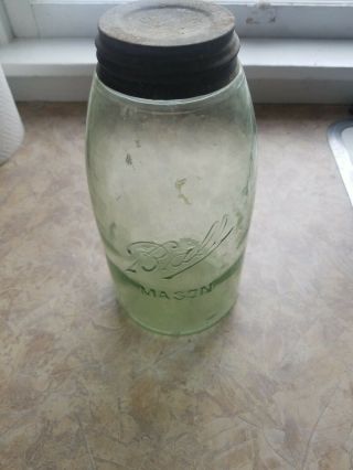 Antique 2 Qt.  Green Glass Ball Mason Canning Jar Has Lid