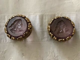 Rare Vintage French Earrings With A Violet Stone Engraved With Ladies Face