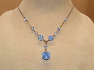 Vtg Antique Art Deco Czech Blue Glass Lavalier Drop Necklace Czechoslovakia 17 "
