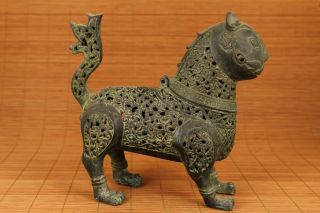 Rare Big Chinese Old Bronze Hand Casting Dragon Cat Statue Incense Burner F01