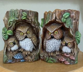 Vintage Ceramic Owls On Tree & Mushrooms Figurines Mother Owlet Baby Mid Century