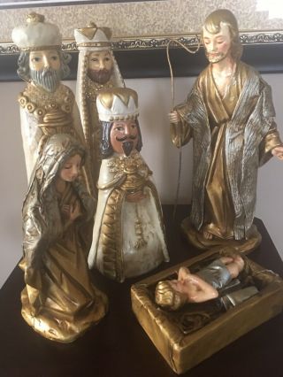 Vintage Italy Nativity Set 6 Piece Handpainted Plaster Figures Colors Large 10 "