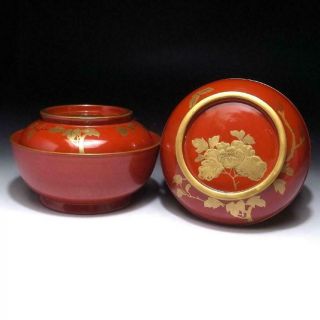 Bh22: Vintage Japanese Wooden Covered Bowls,  Lacquer Ware,  Makie,  Grass Peony