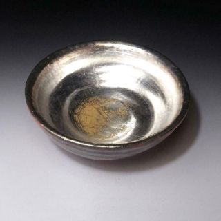 Zf12: Vintage Japanese Large Tea Bowl Of Raku Ware,  Dia.  7.  1 Inches,  Silver