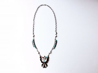 Vintage Sterling Silver Thunderbird Necklace Signed Zuni Artist Leagus Ahiyite