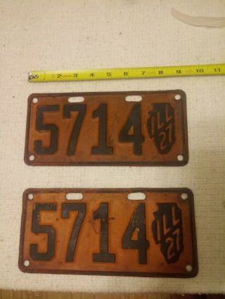 Pair 2 Vintage Matching Illinois 1927 Shorty License Plates Ford Chevy Dodge Car